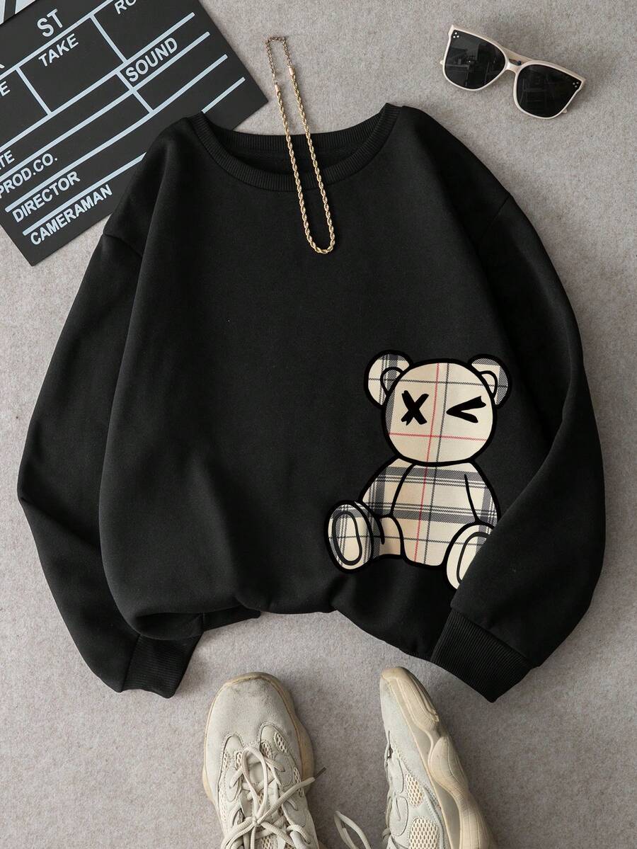 SHEIN LUNE Women's Cartoon Pattern Long Sleeve Sweatshirt - Black - View 1