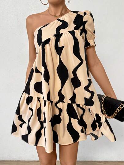 Breezaya Vestido Con Dobladillo Con Volantes Y Estampado Floral De Un Hombro Para Mujer