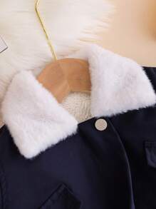 Baby Girl Color Block Plush Lapel Collar Long Sleeve Jacket - Navy Blue - View 3