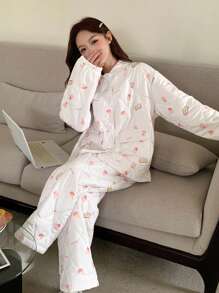 DAZY Conjunto de pijama grueso con estampado de dulces por todas partes para otoño e invierno - Blanco - Ver 9