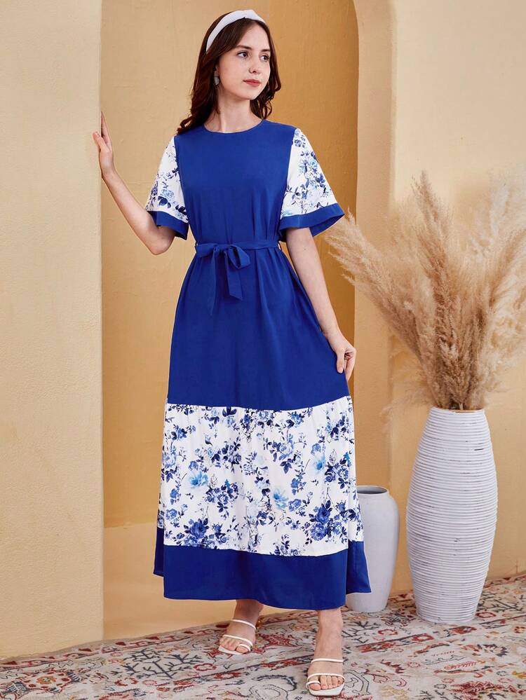 Teen Girls' Floral Pattern Spliced Casual Dress