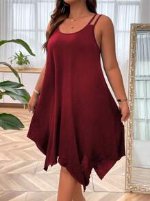 SHEIN LUNE Plus Size Asymmetric Hem Sleeveless Dress With Double Shoulder Straps, Burgundy Color Women Outfit - Burgundy - View 4