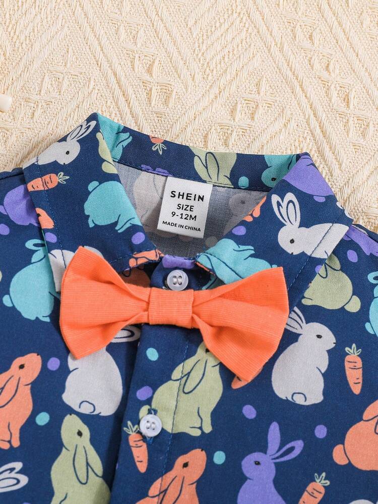 Baby Boys' Easter Bunny Printed Short Sleeve Shirt And Solid Color Casual Shorts Set