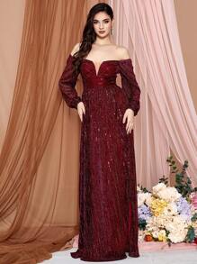 LOVE&LEMONADE Women's Off Shoulder Burgundy Dress With High Slit And Long Sleeves - Red - View 4