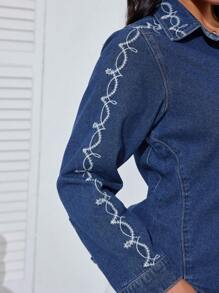 SHEIN Privé 女士刺繡牛仔上衣 - 深色水洗藍 - 查看 7