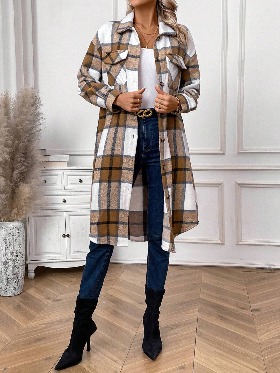 SHEIN LUNE Women's Plaid Mid-Length Shirt Style Jacket - Khaki - View 1