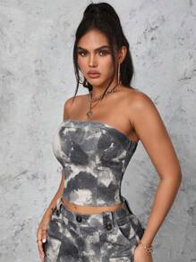 SHEIN SXY 紮染無肩帶牛仔上衣 - 彩色 - 查看 6