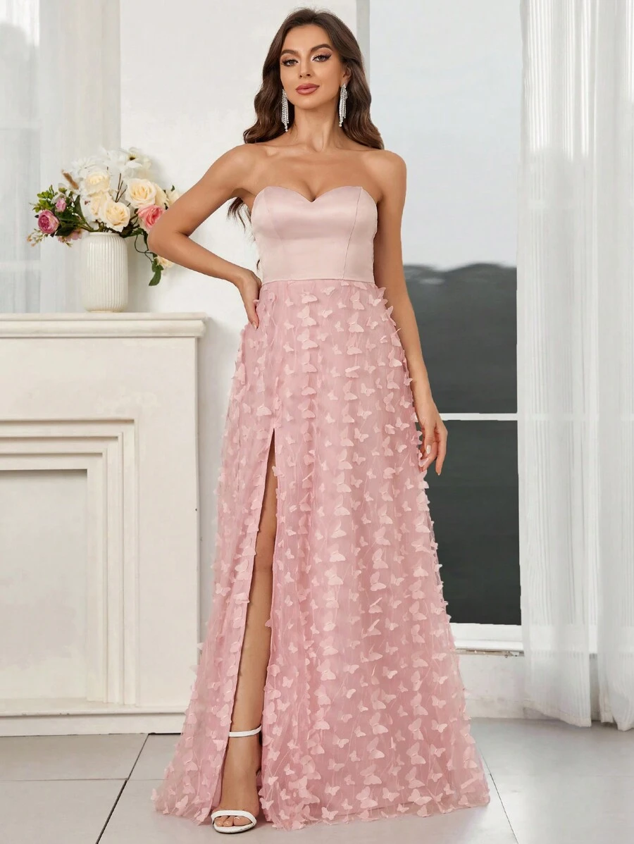 SHEIN Belle 女士拼接3d蝴蝶結網紗高開叉無肩晚禮服 - 粉色 - 查看 1