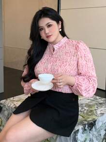 Dazy Petite Plus 大码女式植物印花长袖衬衫上衣 - 粉色 - 查看 4