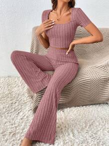SHEIN Frenchy Conjunto de dos piezas con top corto y pantalones largos para mujer