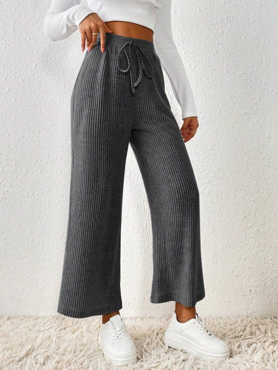 SHEIN Tween Girl Solid Color Elastic Waist Knit Pants - Black - View 1