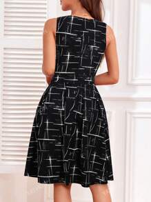 Women Full Print Keyhole Neckline Hidden Pocket Sleeveless Dress