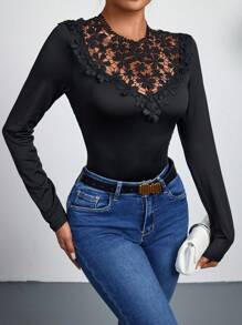 SHEIN Essnce Quý cô Ren Vá lại Tay áo dài Áo thun - màu đen - Xem 1