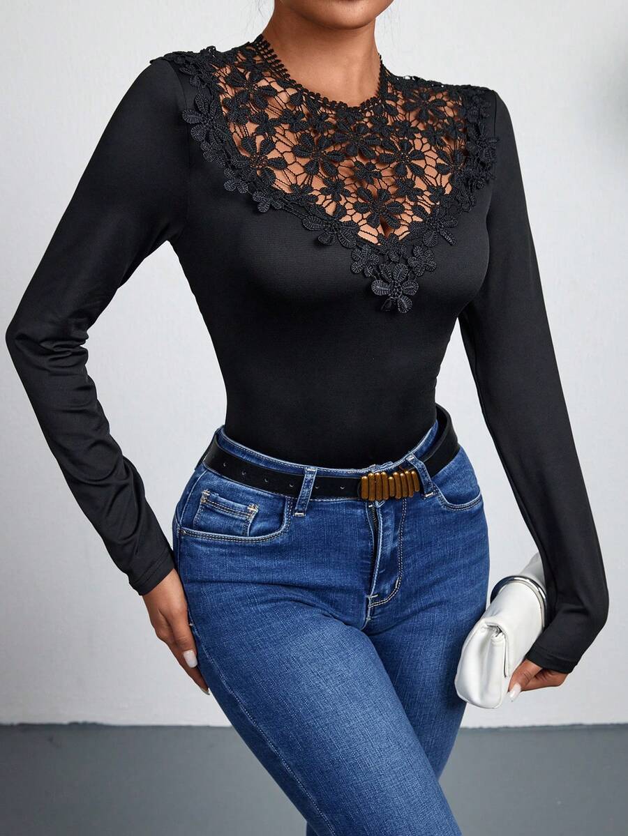 SHEIN Essnce Quý cô Ren Vá lại Tay áo dài Áo thun - màu đen - Xem 1