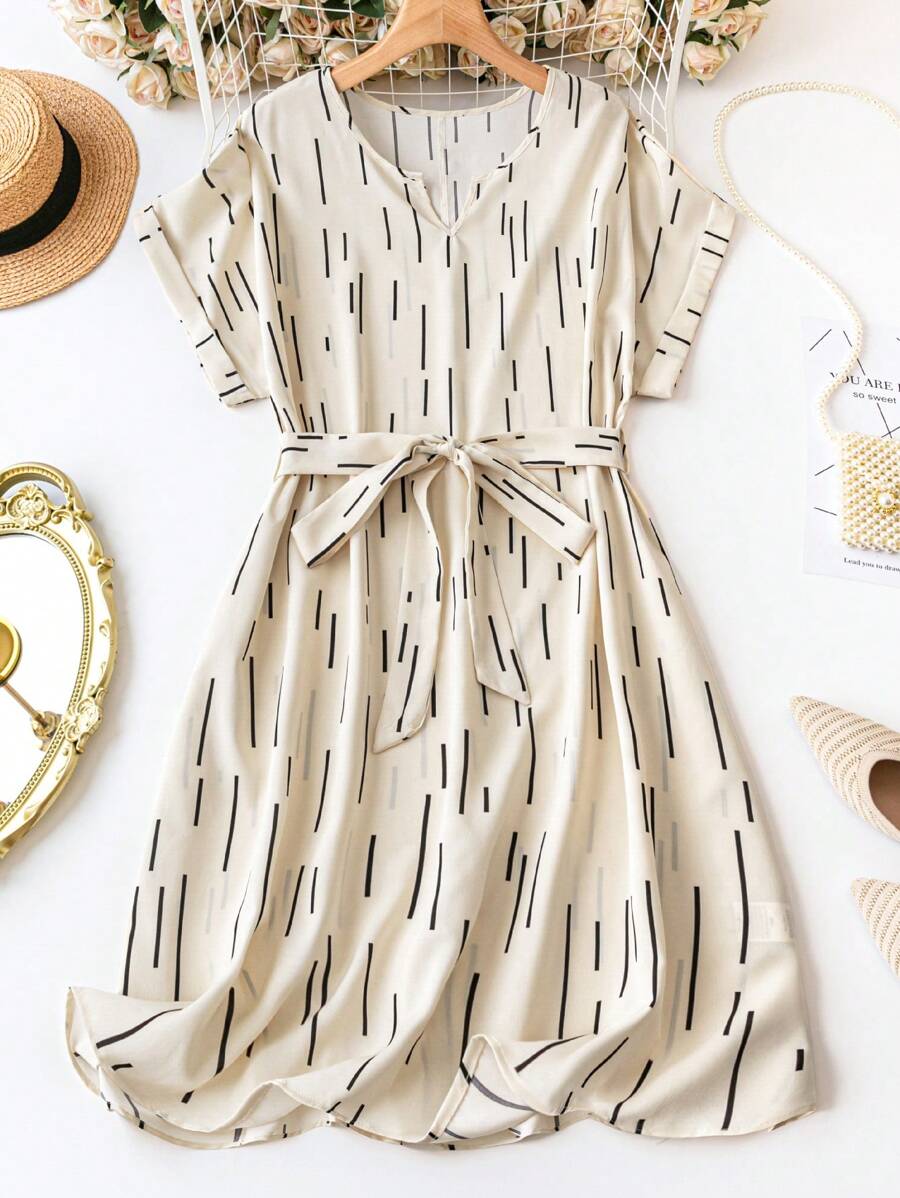 SHEIN Clasi Plus Size Striped And Printed Notch Neck Belted Dress - Apricot - View 1