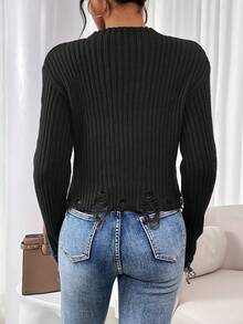 SHEIN Essnce 女士圓領長袖破洞毛衣 - 黑色 - 查看 2