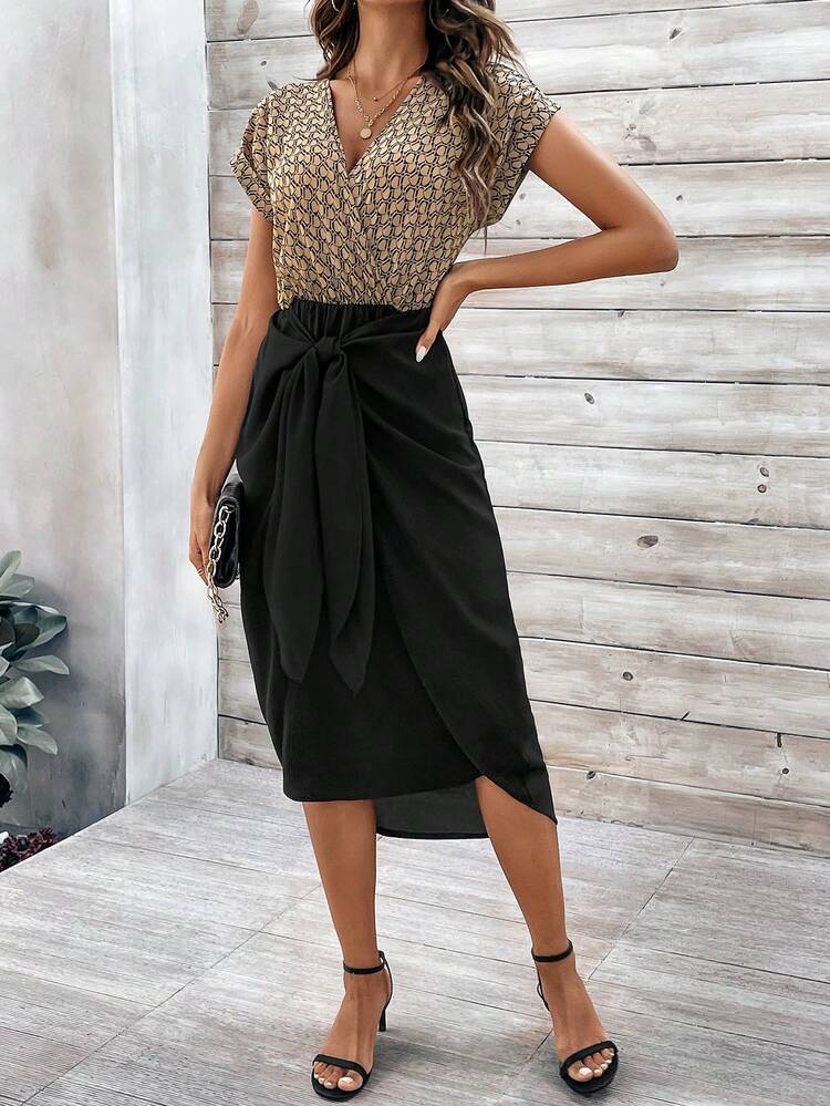 Printed Patchwork Wrap Tie Front Dress