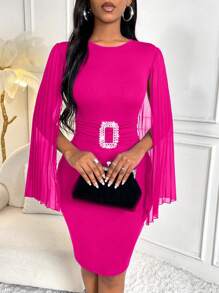 SHEIN Clasi Solid Color Cape Sleeve Dress With Rhinestone Detail - Hot Pink - View 3