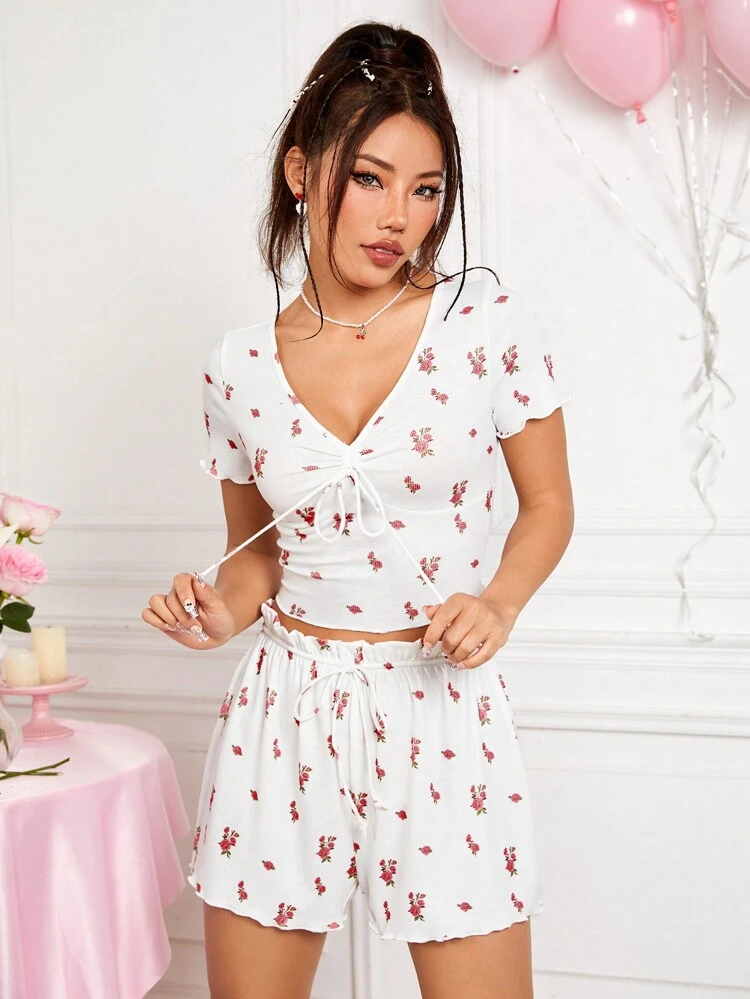 Women's Floral Print V-Neck Short Sleeve T-Shirt And Shorts 2pcs-Set