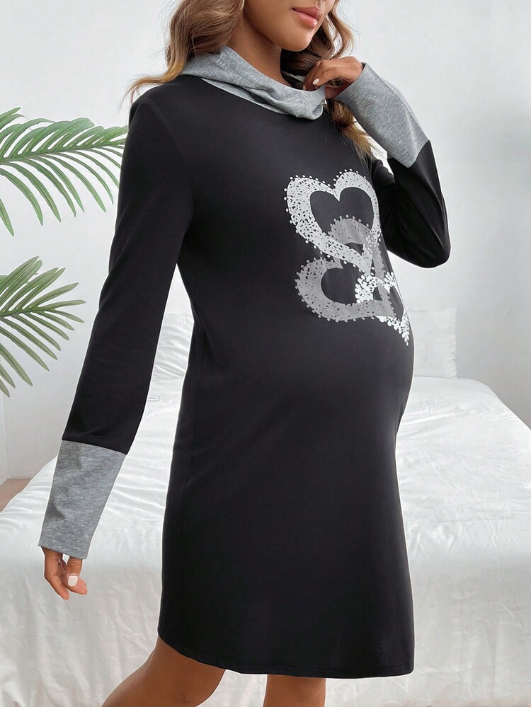 SHEIN Đầm cổ phễu phối màu có mũ trùm đầu cho bà bầu - màu đen - Xem 4