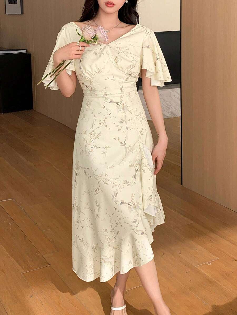 DAZY 女士植物印花荷叶边连衣裙吊带长裙碎花连衣裙 - 黃色 - 查看 1