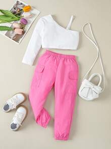 SHEIN Toddler Girls' Cool White Open Shoulder Top And Pink Cargo Pants 2pcs/Set, Spring/Summer - Pink - View 3