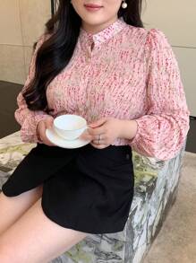 Dazy Petite Plus 大码女式植物印花长袖衬衫上衣 - 粉色 - 查看 6
