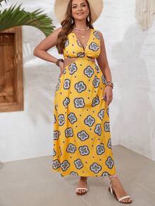 SHEIN VCAY 大尺碼鏤空腰部假日印花黃色夏季女式連身裙 - 黃色 - 查看 4