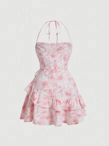 SHEIN MOD 女士 Shibori 扎染前结饰挂脖连衣裙 - 粉色 - 查看 2