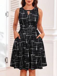 女式锁孔领口隐形口袋无袖全身印花连衣裙