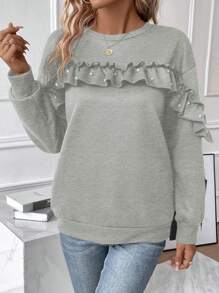 SHEIN LUNE Sudadera Con Cuello Redondo, Dobladillo Con Volantes Y Adornos De Perlas - Gris Claro - Ver 3