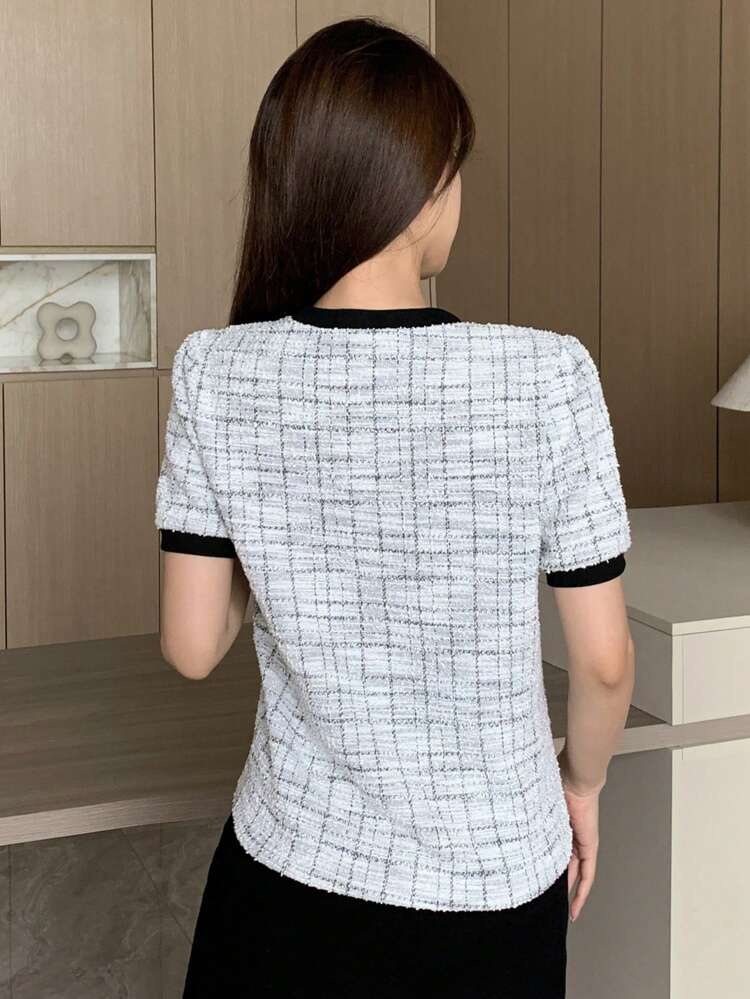 Women's Color Block Stitching Short Sleeve T-Shirt Summer Plaid