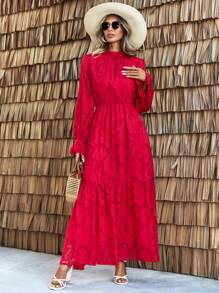 SHEIN LUNE Đứng cổ áo Tay áo chuông Cắt dán Váy hoa - Đỏ - Xem 5