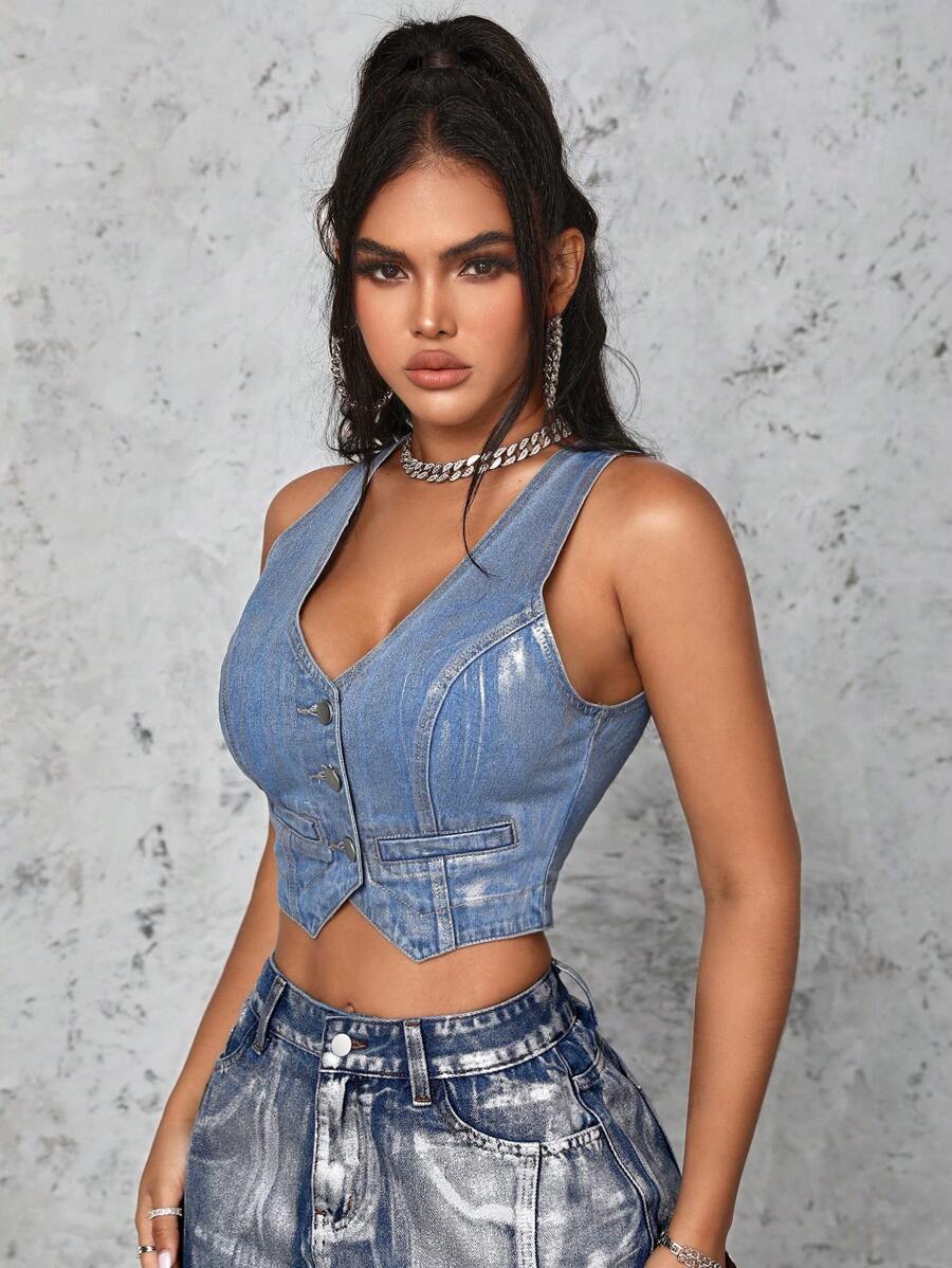 SHEIN SXY Women's Sleeveless Denim Jacket - Light Wash - View 1