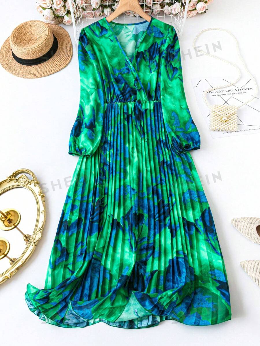 SHEIN Clasi Vestido largo envolvente para mujer de talla grande con cuello alto, mangas de farol y bajo plisado