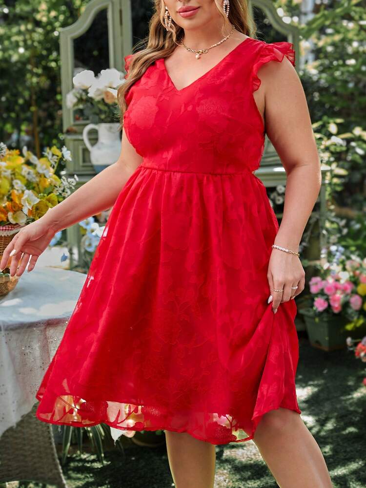 Plus Size Jacquard Cap Sleeve A-Line Dress