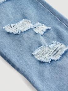 SHEIN 女孩休閒高腰寬腳仿舊直筒牛仔褲 - 淺色水洗藍 - 查看 4