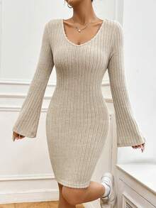 SHEIN Unity Deep V-Neck Bell Sleeve Dress - Apricot - View 5
