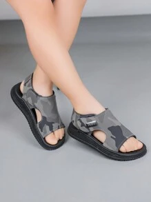 新款兒童春夏款休閒運動魔鬼氈涼鞋，時尚開趾迷彩沙灘鞋 - 灰色 - 查看 5