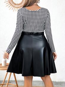 SHEIN Clasi 大尺碼女士拼接千鳥格紋長袖連衣裙 - 黑色 - 查看 2