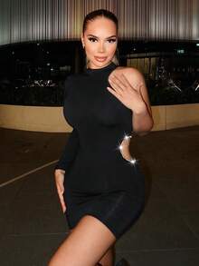 SHEIN SXY 女性純色空心加熱裝飾修身連身裙 - 黑色 - 查看 5