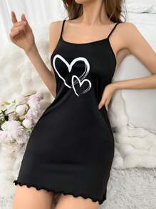 Simple Heart Print Cami Pajama Slip Dress - Black - View 6