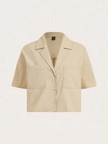 SHEIN BASICS Của phụ nữ Ngắn tay Thả vai Áo sơ mi - Màu Khaki - Xem 6