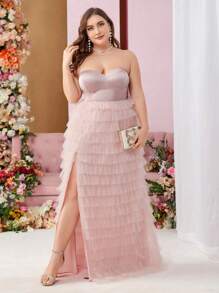 SHEIN Belle Plus Size Satin Multi-Layer Tulle High Split Strapless Evening Party Dress - Pink - View 5