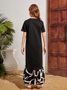 Cô gái Tween Hoạt hình In Nối Viền không đối xứng Lỏng lẻo phù hợp Đầm giản dị Với Tròn Đường viền cổ áo - màu đen - Xem 2