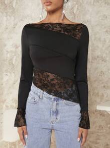 SHEIN BAE 蕾絲拼接船領不對稱下擺緊身長袖t恤 - 黑色 - 查看 3