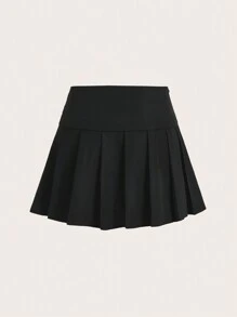 SHEIN Unity Retro Style Buckle Decor A-Line Skirt With Pleats - Black - View 3