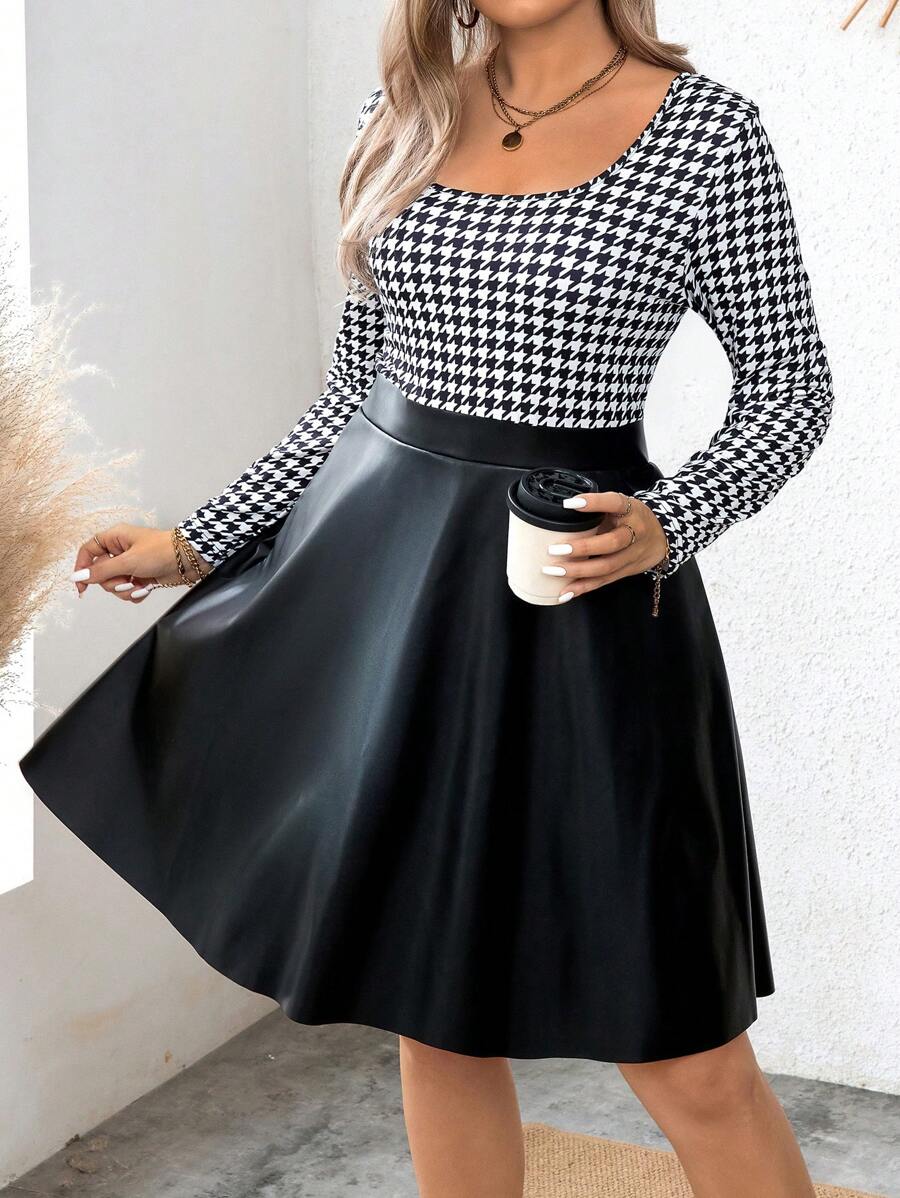 SHEIN Clasi 大尺碼女士拼接千鳥格紋長袖連衣裙 - 黑色 - 查看 1