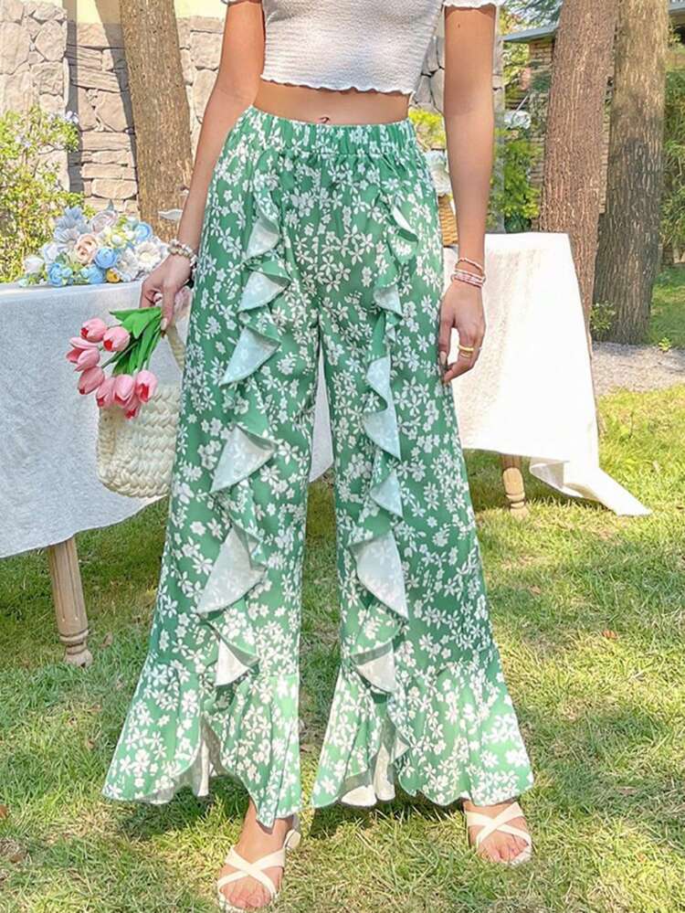Floral Print Ruffle Hem Detail Decorated Pants