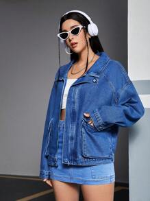 SHEIN EZwear Women's Loose Fit Denim Jacket With Drop Shoulder - Dark Wash - View 3